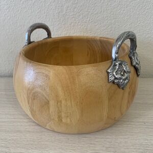 Vintage Wood Salad Serving Bowl with Ornate Metal Leaf Handles
